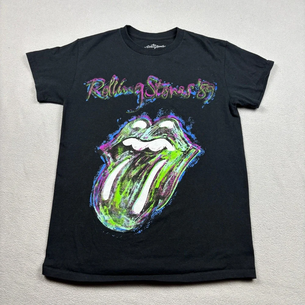 The Rolling Stones 89 Steel Wheels Tour Graphic T-Shirt Mens Small Black Neon - Picture 1 of 4